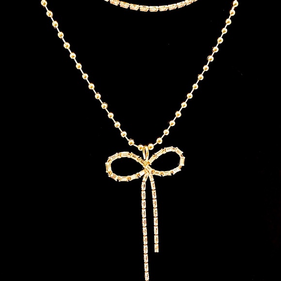 EXPRESS Gold & Baguette Rhinestone/Crystal Bow Layered Necklace NWT - Picture 10 of 14